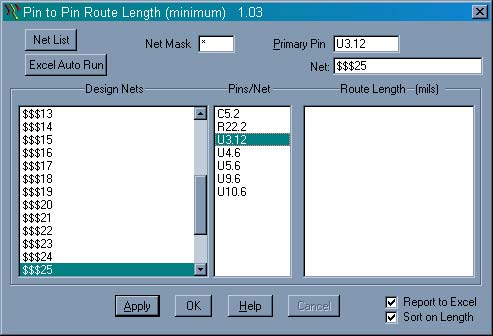 Figure 3. Pin2Pin Route Length program dialog set to analyze net $$$25 using a