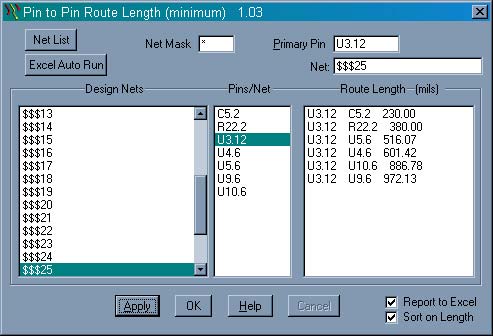 Figure 4. Pin to pin analysis completed with results reports in Route Length pane.